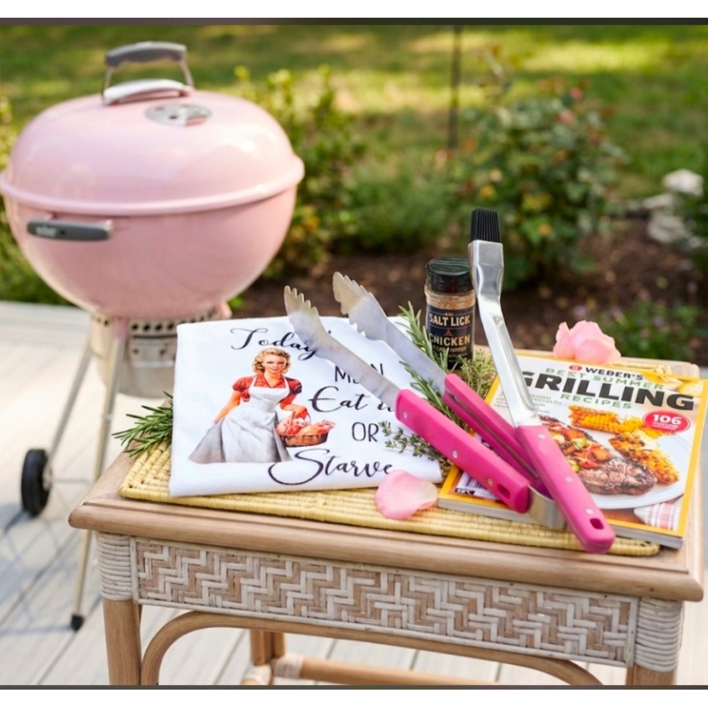 Weber Grilling Bundle Pink Tongs Basting Brush Salt Lick Seasoning Recipe Book